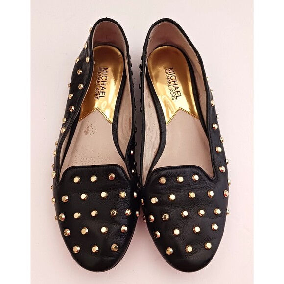 Michael Kors Ailee Blk Leather Flats Gold Studs 7.5M - Picture 2 of 8